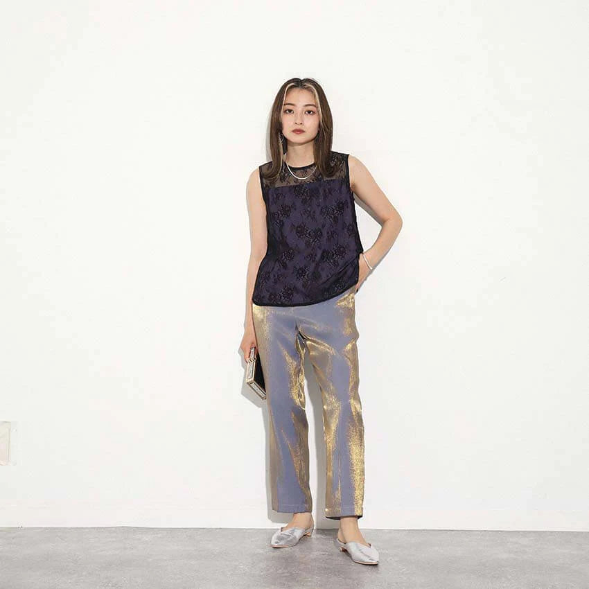 光沢タックパンツ